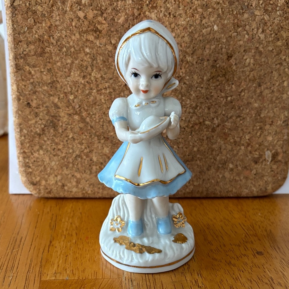 Vintage FIGURINE Girl holding hat Porcelain w/Gold Accent